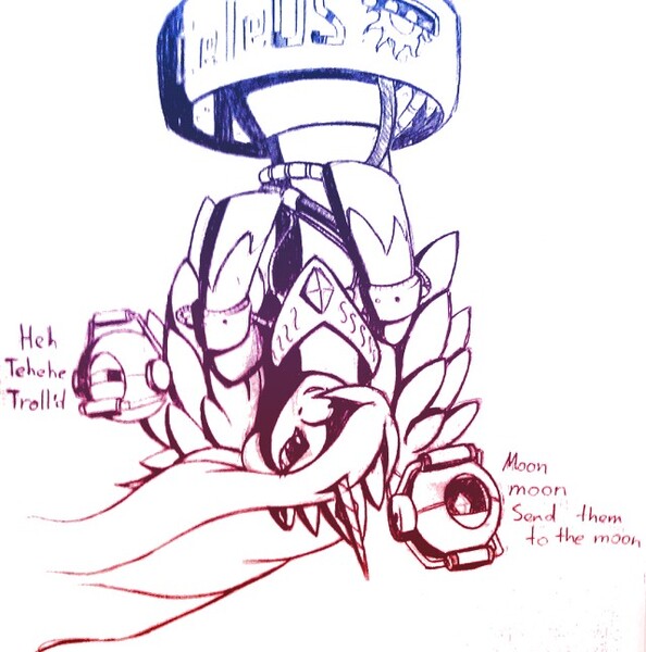 Size: 640x646 | Tagged: safe, artist:chazcatrix, derpibooru import, princess celestia, alicorn, pony, robot, crossover, glados, image, jpeg, personality core, portal (valve), traditional art, trollestia, upside down