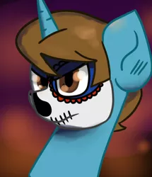 Size: 600x699 | Tagged: safe, artist:tranzmuteproductions, derpibooru import, oc, oc:dawillstanator, unofficial characters only, pony, unicorn, abstract background, bust, face paint, frown, horn, image, male, png, solo, stallion, unicorn oc