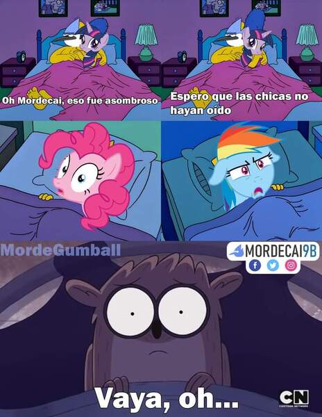 Size: 720x932 | Tagged: safe, derpibooru import, pinkie pie, rainbow dash, twilight sparkle, crossover, crossover shipping, female, image, jpeg, male, meme, mordecai, mordetwi, regular show, rigby, shipping, spanish, straight, the simpsons