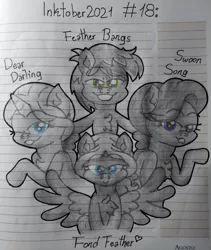 Size: 2850x3377 | Tagged: safe, artist:iceflower99, derpibooru import, dear darling, feather bangs, fond feather, swoon song, bimbettes, chest fluff, image, inktober, inktober 2021, jpeg, lined paper, traditional art