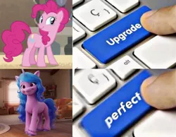 Size: 865x672 | Tagged: safe, derpibooru import, screencap, izzy moonbow, pinkie pie, earth pony, pony, unicorn, daring done?, my little pony: a new generation, exploitable meme, female, g5, image, mare, meme, op is a duck, op is trying to start shit, png, upgrade, upgrade meme