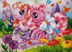 Size: 951x689 | Tagged: safe, derpibooru import, official, pinkie pie, pinkie pie (g3), toola roola, butterfly, earth pony, insect, pony, pinkie pie's special day, blue eyes, book, clothes, dress, flower, g3, hoof heart, image, jpeg, leg warmers, legwear, official art, orange hair, path, picture book, pink hair, pink pony, scan, storybook, walking