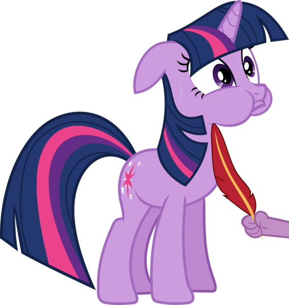 Size: 1280x1350 | Tagged: safe, artist:frownfactory, derpibooru import, spike, twilight sparkle, pony, unicorn, it's about time, feather, female, floppy ears, holding, horn, image, mare, multicolored mane, multicolored tail, offscreen character, png, puffy cheeks, purple eyes, simple background, standing, sweat, sweatdrop, tail, tickle torture, tickling, transparent background, unicorn twilight, vector