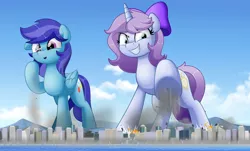 Size: 800x484 | Tagged: safe, artist:jhayarr23, derpibooru import, oc, oc:sierra nightingale, oc:swirly daze, unofficial characters only, pegasus, pony, unicorn, commission, crushing, destruction, female, giant pony, giantess, image, jpeg, macro, male, mare, stallion