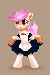Size: 1500x2250 | Tagged: safe, artist:ariamidnighters, derpibooru import, oc, oc:vanillaberry swirl, earth pony, pony, bipedal, clothes, commission, ear piercing, earring, image, jewelry, maid, open mouth, piercing, png, simple background, socks, solo, ych result