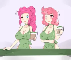Size: 1716x1440 | Tagged: suggestive, artist:ciriliko, derpibooru import, cup cake, pinkie pie, human, alternate hairstyle, apron, barista, big breasts, blushing, breast rest, breasts, busty cup cake, busty pinkie pie, cleavage, clothes, coffee, coffee cup, commission, counter, cup, duo, duo female, erect nipples, female, females only, human coloration, humanized, image, jpeg, naked apron, nipple outline, one eye closed, ponytail, stupid sexy pinkie, wink