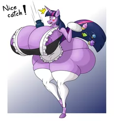 Size: 1673x1781 | Tagged: suggestive, artist:aregularblueslime, derpibooru import, twilight sparkle, anthro, pony, unguligrade anthro, unicorn, abstract background, areola, big areola, big breasts, blushing, breasts, busty twilight sparkle, butt, clothes, cookie, cookie jar, cupcake, dropping, emanata, eyelashes, female, food, hand, horn, huge breasts, huge butt, hyper, hyper breasts, image, impossibly large breasts, impossibly large butt, impossibly large thighs, impossibly wide hips, large butt, maid, maidlight sparkle, mare, motion lines, nipples, nudity, open mouth, panties, plate, png, socks, solo, solo female, tail, text, thigh highs, thighs, thong, thunder thighs, tray, twibutt, underwear, vase, wide hips