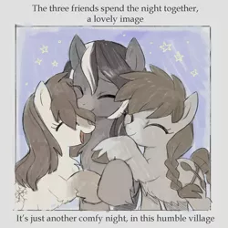 Size: 1946x1944 | Tagged: safe, artist:marbo, oc, oc:frosty flakes, oc:pine ponder, oc:still lake, unofficial characters only, pony, taiga pony, blaze (coat marking), chest fluff, cute, eyes closed, female, group hug, happy, hug, image, mare, night, open mouth, png, stars, text, trio, unshorn fetlocks
