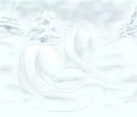 Size: 2909x2500 | Tagged: safe, artist:anonymous, oc, oc:cirrus wisp, unofficial characters only, pony, taiga pony, female, fog, image, long hair, lying down, mare, png, snow, snowfall, solo