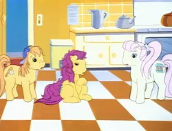 Size: 1423x1080 | Tagged: safe, derpibooru import, screencap, bon bon (g1), pony, g1, my little pony tales, too sick to notice, acting, baseball cap, cap, colt, coughing, fainted, family, female, hat, image, jpeg, kitchen, male, mare, misty (g1), misty brightdawn, on the floor, ponytail, random, rusty, scrunchie, shocked, siblings, sitting, teapot, yellow pony