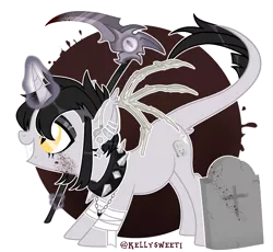 Size: 3384x3108 | Tagged: semi-grimdark, artist:kellysweet1, derpibooru import, oc, oc:grimm fable, alicorn, pony, alicorn oc, bandage, blood, bone, chess piece, choker, deaf, ear piercing, earring, eyeshadow, female, glow, glowing horn, gravestone, grin, hearing aid, horn, image, jewelry, leonine tail, makeup, mare, necklace, piercing, png, scythe, smiling, solo, spiked choker, tail, wings