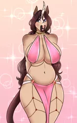 Size: 1040x1659 | Tagged: suggestive, artist:blackblood-queen, derpibooru import, oc, oc:beryl lovegreen, unofficial characters only, anthro, pony, unguligrade anthro, unicorn, anthro oc, barely pony related, big breasts, breasts, curved horn, digital art, dressuptober, dressuptober2021, female, gilf, grandmother, harem outfit, horn, huge breasts, image, mare, png, solo, solo female, unicorn oc