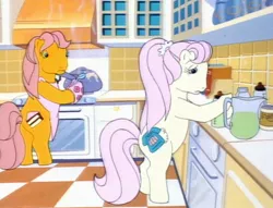 Size: 1415x1080 | Tagged: safe, derpibooru import, screencap, bon bon's mother, earth pony, pony, my little pony tales, too sick to notice, apron, bipedal, clothes, cooking, female, food, g1, green liquid, image, jpeg, kitchen, misty (g1), mother and child, mother and daughter, orange pony, pink hair, pitcher, ponytail, pudding, sad, scrunchie, standing, yellow pony