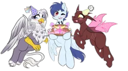 Size: 4096x2293 | Tagged: safe, artist:nekaneba, derpibooru import, oc, oc:junebug, oc:slipstream, oc:vixen, unofficial characters only, changeling, gryphon, pegasus, cake, food, hat, image, mlp fim's eleventh anniversary, party hat, png