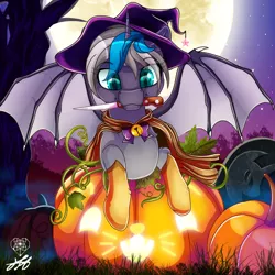 Size: 2000x2000 | Tagged: safe, artist:stainedglasslighthea, derpibooru import, oc, oc:elizabat stormfeather, unofficial characters only, alicorn, bat pony, bat pony alicorn, pony, alicorn oc, bat pony oc, bat wings, cape, clothes, commission, costume, cute, female, full moon, gloves, halloween, halloween costume, hat, holiday, horn, image, jack-o-lantern, knife, mare, moon, mouth hold, night, nightmare night, png, pumpkin, solo, tree, wings, witch, witch costume, witch hat, ych result