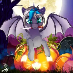 Size: 2000x2000 | Tagged: safe, alternate version, artist:stainedglasslighthea, derpibooru import, oc, oc:elizabat stormfeather, unofficial characters only, alicorn, bat pony, bat pony alicorn, pony, alicorn oc, bat pony oc, bat wings, commission, cute, derpibooru exclusive, female, full moon, halloween, holiday, horn, image, jack-o-lantern, knife, mare, moon, mouth hold, night, nightmare night, png, pumpkin, solo, tree, wings, ych result