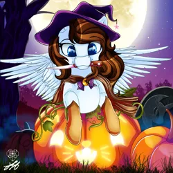Size: 2000x2000 | Tagged: safe, artist:stainedglasslighthea, derpibooru import, oc, oc:krissy, unofficial characters only, pegasus, pony, cape, clothes, commission, costume, cute, female, full moon, gloves, halloween, halloween costume, hat, holiday, image, jack-o-lantern, knife, mare, moon, mouth hold, night, nightmare night, png, pumpkin, solo, tree, witch, witch costume, witch hat, ych result