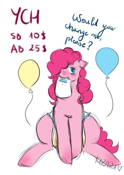 Size: 2480x3507 | Tagged: questionable, artist:kirari_chan, derpibooru import, pinkie pie, earth pony, pony, auction, balloon, blushing, commission, cute, diaper, diaper change, diaper fetish, female, fetish, image, looking at you, mouth hold, png, ponytail, shy, sitting, smiling, smiling at you, solo, solo female, urine, wet diaper, ych example, your character here, your character here auction