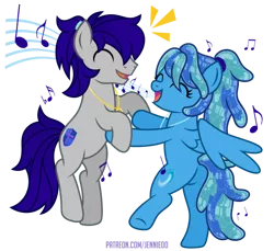 Size: 1000x917 | Tagged: safe, artist:jennieoo, derpibooru import, oc, oc:maverick, oc:ocean soul, earth pony, pegasus, pony, bipedal, couple, dancing, duo, eyes closed, female, happy, image, male, music, open mouth, png, ponytail, simple background, singing, transparent background