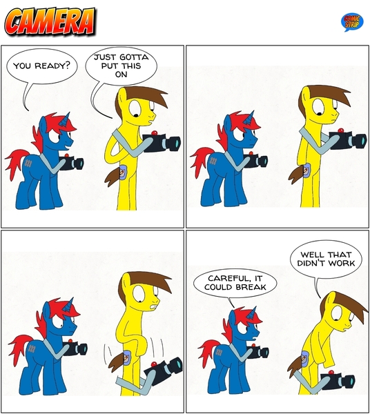 Size: 1220x1366 | Tagged: safe, artist:johnnybro288, derpibooru import, earth pony, human, unicorn, bipedal, camera, comic, duo, duo male, fail, humanized, image, jpeg, male, speech bubble