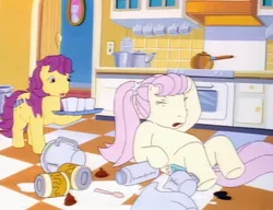 Size: 1404x1080 | Tagged: safe, derpibooru import, screencap, bon bon (g1), earth pony, pony, my little pony tales, too sick to notice, big sister, carrying, checkered floor, concern, cup, fainted, fallen, female, g1, image, jpeg, kitchen, little sister, mare, measuring cup, misty (g1), on the floor, ouch, pink hair, ponytail, purple hair, scrunchie, shocked, siblings, solo, teenager, touching face, tray, yellow coat