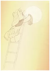 Size: 759x1073 | Tagged: safe, artist:sherwoodwhisper, derpibooru import, oc, oc:eri, pony, unicorn, cape, clothes, female, filly, image, inktober, inktober 2021, jpeg, ladder, monochrome, moon, rag, solo, tangible heavenly object, washcloth, wiping