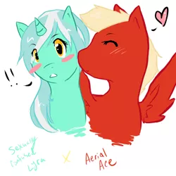 Size: 1024x1024 | Tagged: safe, artist:movetothemusic, derpibooru import, lyra heartstrings, oc, oc:aerial ace, pegasus, pony, blushing, female, image, kissing, mare, png, sexually confused lyra