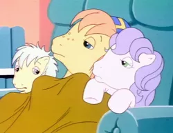 Size: 1402x1080 | Tagged: safe, derpibooru import, screencap, earth pony, pony, my little pony tales, my little pony: pony life, sick day, too sick to notice, spoiler:pony life s01e13, amber, baseball cap, big brother, blanket, blue eyes, cap, colt, cuddling, female, filly, freckles, g1, green eyes, hat, huddle, image, jpeg, little brother, little sister, male, pink eyes, purple hair, recliner, rusty, sad, siblings, sick, tired, twink (g1), under blanket, white hair, yellow coat