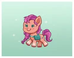 Size: 1140x902 | Tagged: safe, artist:confetticakez, derpibooru import, sunny starscout, earth pony, pony, blush sticker, blushing, chibi, cute, dot eyes, g5, image, jpeg, satchel, solo, sunnybetes