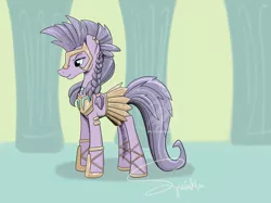 Size: 2732x2048 | Tagged: safe, artist:turtletroutstudios, derpibooru import, terri belle, earth pony, pony, armor, braid, clothes, helmet, hoof shoes, image, indoors, png, skirt, solo, thracian