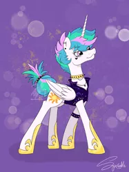 Size: 2048x2732 | Tagged: safe, artist:turtletroutstudios, derpibooru import, princess celestia, alicorn, pony, abstract background, clothes, collar, ear piercing, eyelashes, female, hoof shoes, image, jpeg, makeup, mare, piercing, punklestia, signature, smiling, solo, tail, tail wrap