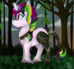 Size: 900x840 | Tagged: safe, artist:millefaller, derpibooru import, oc, unofficial characters only, pony, unicorn, amputee, eyelashes, female, forest, glow, glowing horn, horn, image, mare, outdoors, peytral, png, prosthetic leg, prosthetic limb, prosthetics, signature, solo, tree, unicorn oc, unshorn fetlocks