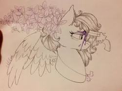 Size: 2048x1536 | Tagged: safe, artist:millefaller, derpibooru import, oc, unofficial characters only, pegasus, pony, eyelashes, female, flower, flower in hair, gun, image, jewelry, jpeg, lineart, mare, necklace, paint, pegasus oc, signature, solo, traditional art, weapon, wings