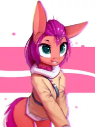 Size: 858x1144 | Tagged: safe, artist:justafallingstar, derpibooru import, sunny starscout, pony, my little pony: a new generation, abstract background, bag, bust, clothes, colored sketch, female, g5, hoodie, image, mare, png, portrait, sketch, smiling, solo