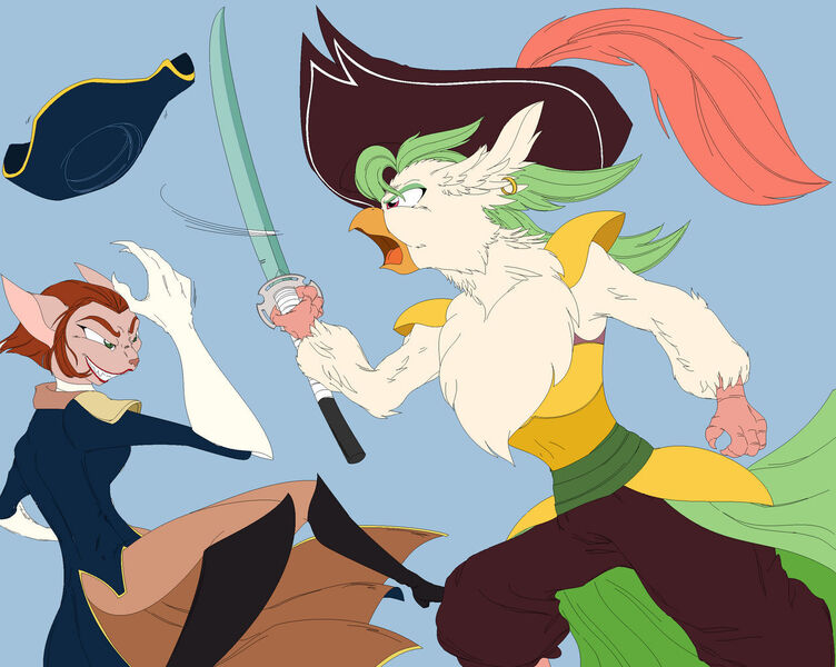 Size: 1280x1021 | Tagged: safe, artist:mana minori, derpibooru import, captain celaeno, cat, parrot pirates, my little pony: the movie, captain, captain amelia, crossover, cutlass, duel, fight, image, jpeg, pirate, sword, treasure planet, weapon