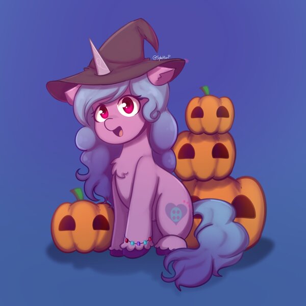 Size: 1920x1920 | Tagged: safe, alternate version, artist:splatturp, derpibooru import, izzy moonbow, pony, unicorn, my little pony: a new generation, backwards cutie mark, bracelet, chest fluff, g5, halloween, hat, holiday, image, jewelry, jpeg, open mouth, pumpkin, witch hat