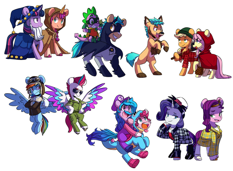 Size: 6120x4500 | Tagged: safe, artist:chub-wub, derpibooru import, applejack, fluttershy, hitch trailblazer, izzy moonbow, pinkie pie, pipp petals, rainbow dash, rarity, spike, sunny starscout, twilight sparkle, zipp storm, earth pony, pegasus, pony, unicorn, yoshi, my little pony: a new generation, absurd resolution, batman, big bad wolf, clothes, clover the clever's cloak, costume, g4 to g5, g5, halloween, halloween costume, holiday, image, jpeg, lumberjack, mane five (g5), mane seven, mane six, mario, red riding hood, robin, simple background, star swirl the bearded costume, white background