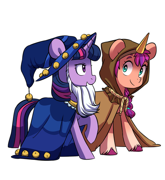 Size: 2560x2791 | Tagged: safe, artist:chub-wub, derpibooru import, part of a set, sunny starscout, earth pony, pony, unicorn, my little pony: a new generation, clothes, clover the clever's cloak, coat markings, costume, g5, halloween, halloween costume, holiday, image, jpeg, simple background, socks (coat marking), star swirl the bearded costume, white background