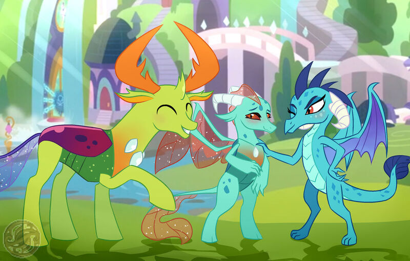 Size: 1024x652 | Tagged: safe, artist:oracionne, derpibooru import, princess ember, thorax, changedling, changeling, dragon, hybrid, blushing, dragon lord ember, embrax, eyes closed, female, hand on shoulder, image, interspecies offspring, jpeg, king thorax, male, offspring, one eye closed, parent:princess ember, parent:thorax, parents:embrax, school of friendship, shipping, straight, wink