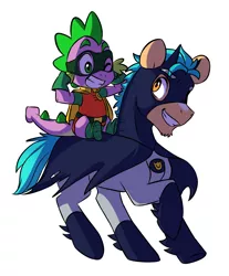 Size: 2307x2791 | Tagged: safe, artist:chub-wub, derpibooru import, part of a set, hitch trailblazer, spike, dragon, earth pony, pony, my little pony: a new generation, batman, clothes, costume, g4, g5, halloween, halloween costume, holiday, image, jpeg, open mouth, robin, simple background, white background