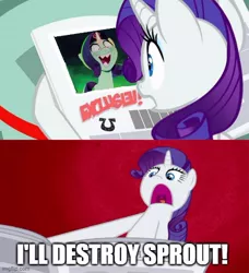 Size: 500x549 | Tagged: safe, artist:mlpfan3991, derpibooru import, edit, edited screencap, screencap, rarity, sprout cloverleaf, pony, unicorn, my little pony: a new generation, ponyville confidential, season 2, spoiler:my little pony: a new generation, evil, evil rarity, female, g5, g5 to g4, glow, glowing horn, horn, i'll destroy her, image, jpeg, meme, newspaper, possessed, reaction, reaction image, red eyes, revenge, sharp teeth, solo, sproutity, teeth