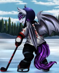 Size: 2932x3599 | Tagged: safe, artist:pridark, derpibooru import, oc, unofficial characters only, bat pony, semi-anthro, bat pony oc, bat wings, helmet, high res, hockey, ice skates, ice skating, image, outdoors, png, solo, sports, wings