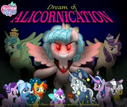 Size: 3000x2535 | Tagged: safe, artist:aleximusprime, derpibooru import, cozy glow, princess flurry heart, star swirl the bearded, trixie, zecora, oc, oc:king kriegspiel, oc:queen kriegspiel, alicorn, pony, unicorn, zebra, fanfic, flurry heart's story, alicorn amulet, alicornified, alternate hairstyle, babysitter trixie, bow, bun, clothes, cozycorn, dream of alicornication, fanfic art, fanfic cover, female, filly, filly flurry heart, glasses, hair bun, hat, hoodie, image, jpeg, male, older, older flurry heart, older twilight sparkle (alicorn), parent, race swap, wizard hat