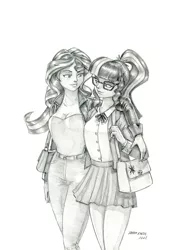 Size: 1000x1309 | Tagged: safe, artist:baron engel, derpibooru import, sci-twi, sunset shimmer, twilight sparkle, equestria girls, breasts, busty sunset shimmer, clothes, duo, glasses, image, jpeg, monochrome, pants, pencil drawing, shoulder bag, signature, skirt, traditional art