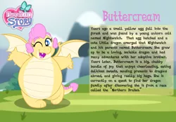 Size: 1280x893 | Tagged: safe, artist:aleximusprime, derpibooru import, oc, oc:buttercream, oc:buttercream the dragon, dragon, flurry heart's story, belly, big belly, bio card, cheerful, chubby, cute, dragoness, dragon oc, dragon wings, excited, fat, female, flurry hearts story, happy, heart shaped, image, jpeg, one eye closed, open mouth, thick, wings