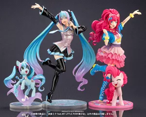 Size: 1000x800 | Tagged: safe, derpibooru import, kotobukiya, pinkie pie, ponified, earth pony, human, pony, equestria girls, anime, boots, clothes, craft, crossover, cute, diapinkes, female, figure, hasbro, hatsune miku, human ponidox, humanized, image, jpeg, kotobukiya hatsune miku pony, kotobukiya pinkie pie, music notes, photo, pony ears, sculpture, self ponidox, shoes, simple background, skirt, vocaloid