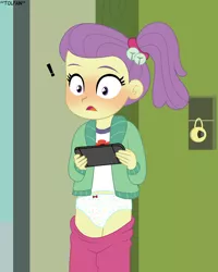 Size: 1972x2471 | Tagged: suggestive, artist:tolpain, banned from derpibooru, ponybooru import, lily pad (equestria girls), equestria girls, blushing, clothes, exclamation point, female, image, lolicon, panties, playing, png, school, underage, underwear, wardrobe malfunction, white underwear