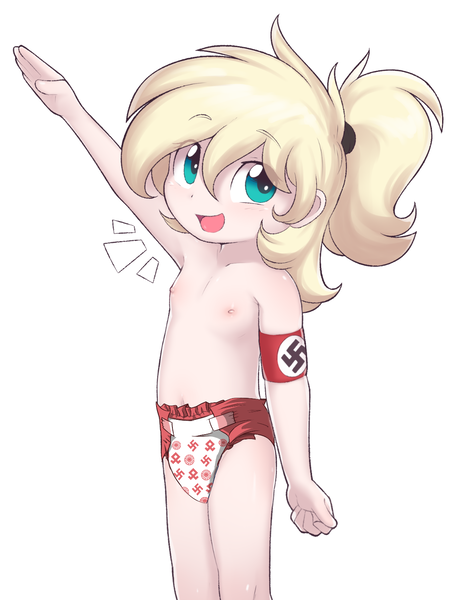 Size: 1116x1469 | Tagged: questionable, artist:shinodage, banned from derpibooru, edit, ponybooru import, oc, oc:luftkrieg, unofficial characters only, human, accessories, armband, belly button, blonde, blonde hair, blue eyes, blushing, breasts, child, clothes, cute, delicious flat chest, diaper, diaper edit, diaper fetish, eyebrows, eyelashes, eyes open, female, fetish, heil, humanized, image, lolicon, looking at you, nazi, nazi armband, nazi salute, nipples, nudity, open eyes, open mouth, png, ponytail, runes, sieg heil, simple background, small breasts, solo, solo female, symbol, underage, wall of tags, white background, yelling, young