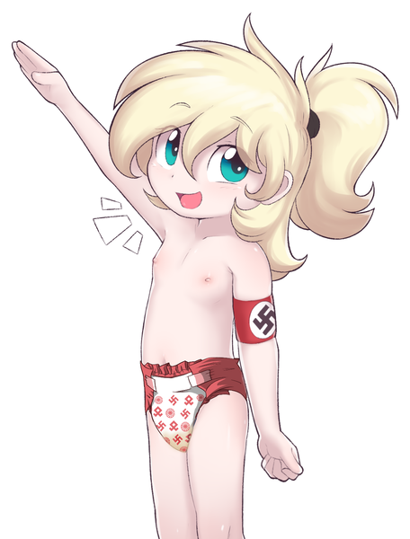 Size: 1116x1469 | Tagged: questionable, artist:shinodage, banned from derpibooru, edit, edited edit, ponybooru import, oc, oc:luftkrieg, unofficial characters only, human, accessories, armband, belly button, blonde, blonde hair, blue eyes, blushing, breasts, child, clothes, cute, delicious flat chest, diaper, diaper edit, diaper fetish, eyelashes, eyeshadow, eyes open, female, fetish, heil, humanized, image, lolicon, looking at you, makeup, nazi, nazi armband, nazi salute, nipples, nudity, open eyes, open mouth, png, ponytail, runes, sieg heil, simple background, small breasts, solo, solo female, swastika, symbol, transparent background, underage, urine, wall of tags, wet diaper, white background, yelling, young
