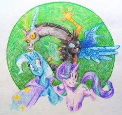 Size: 640x604 | Tagged: safe, artist:efimza, derpibooru import, discord, starlight glimmer, thorax, trixie, changedling, changeling, unicorn, cape, clothes, coloring, drawing, female, image, jpeg, male, reformed four, simple background, traditional art, trixie's cape
